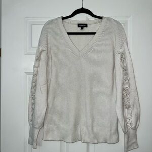 Express, Small Ivory V-Neck Sweater with Sleeve Ruffle